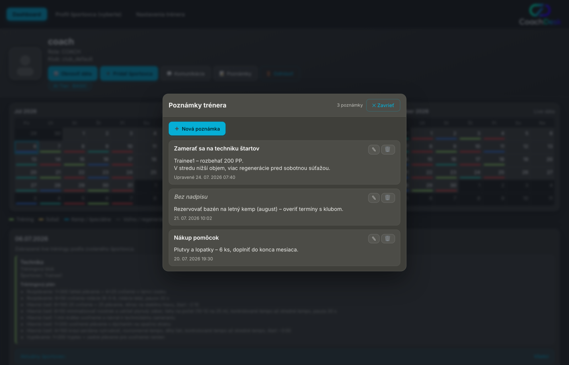 Prehľad poznámok trénera v CoachDesk